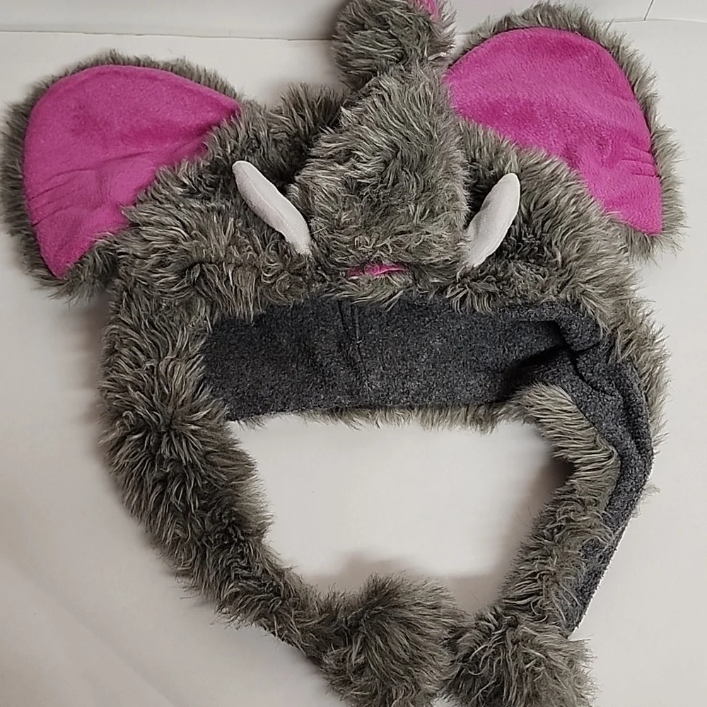 Plush Elephant Hat with Pink Ears, White Tusks, And Adorable Trunk.